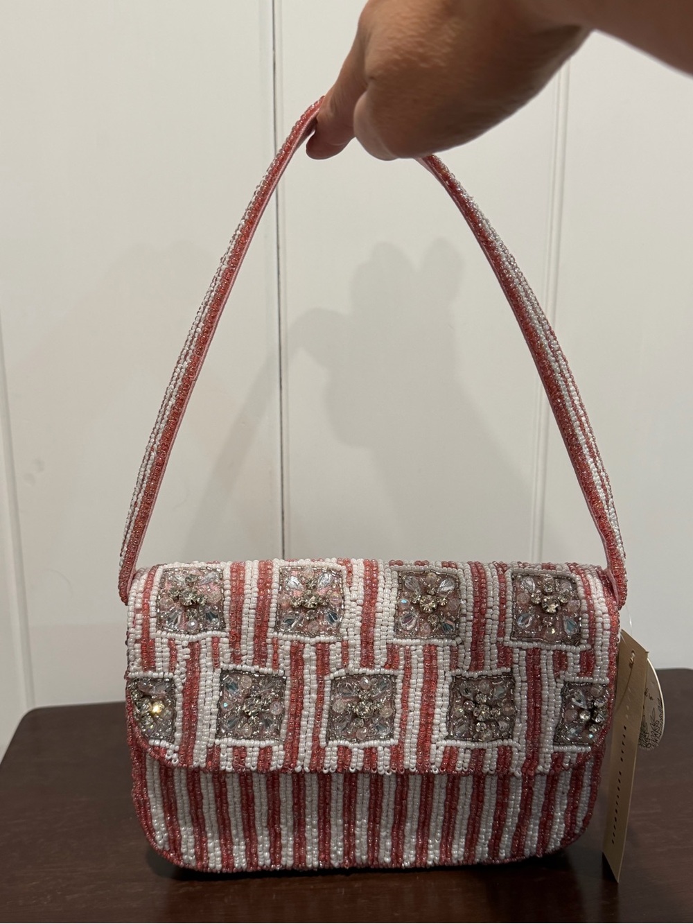 Pink & White Beaded Shoulder Bag with Crystal Accents